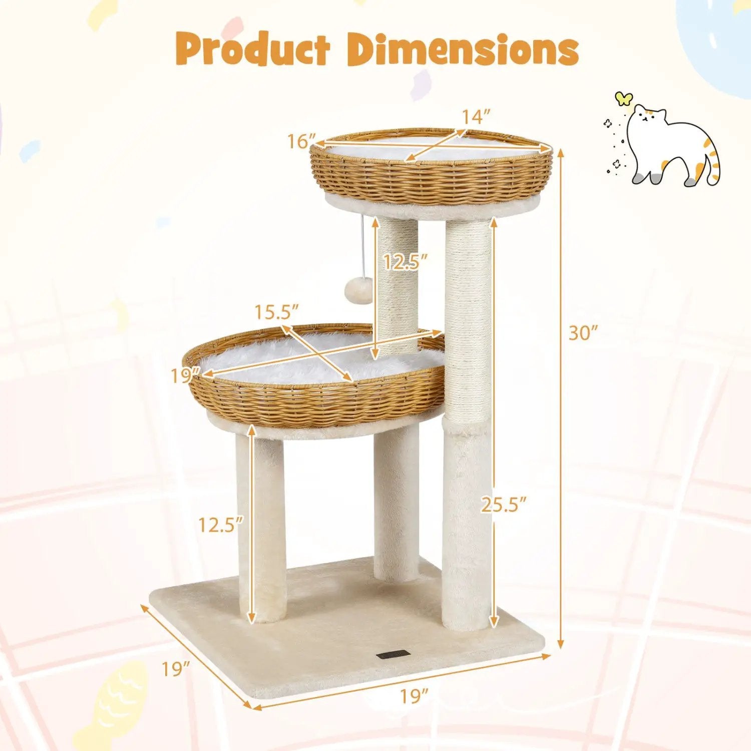 30-Inch Cat Tower with 2 Rattan Cat Baskets for Indoor Kittens by DirectDeals