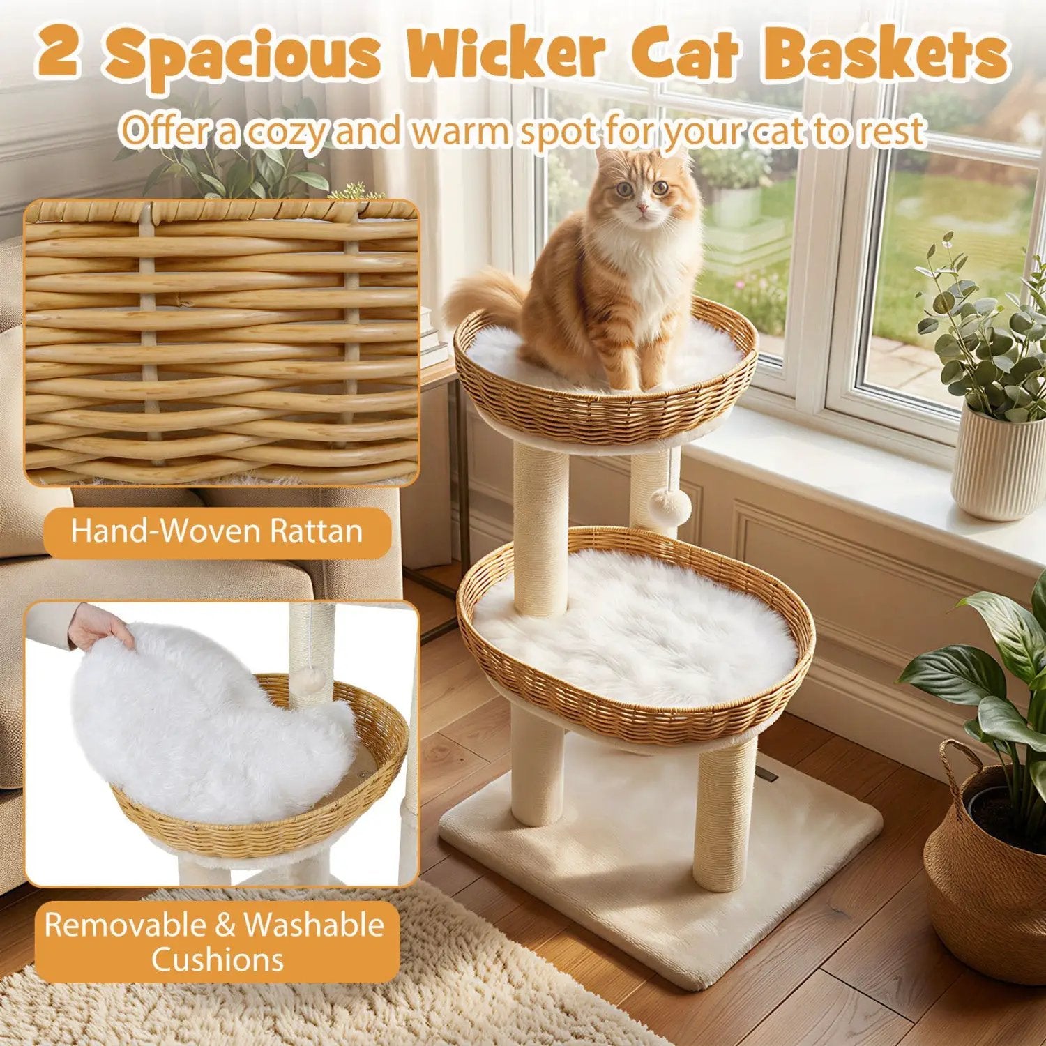 30-Inch Cat Tower with 2 Rattan Cat Baskets for Indoor Kittens by DirectDeals