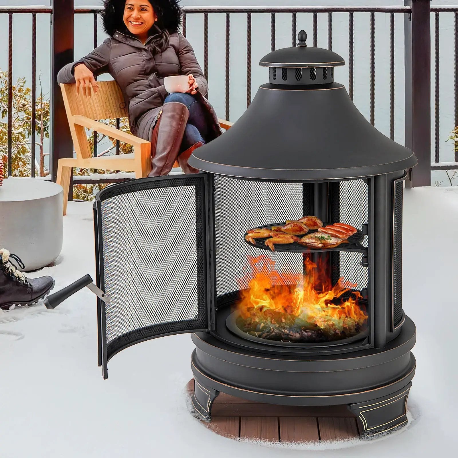 30 Inch Outdoor Fire Pit Chiminea with Grill for Garden BBQ by DirectDeals