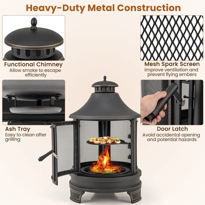 30 Inch Outdoor Fire Pit Chiminea with Grill for Garden BBQ by DirectDeals