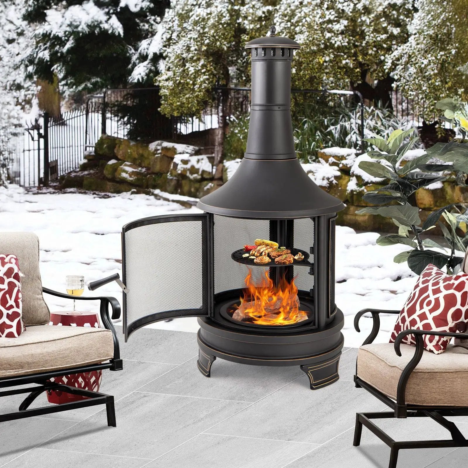 30 Inch Outdoor Fire Pit Chininea with Grill for Garden Backyard BBQ Bonfire Deck and Patio by DirectDeals
