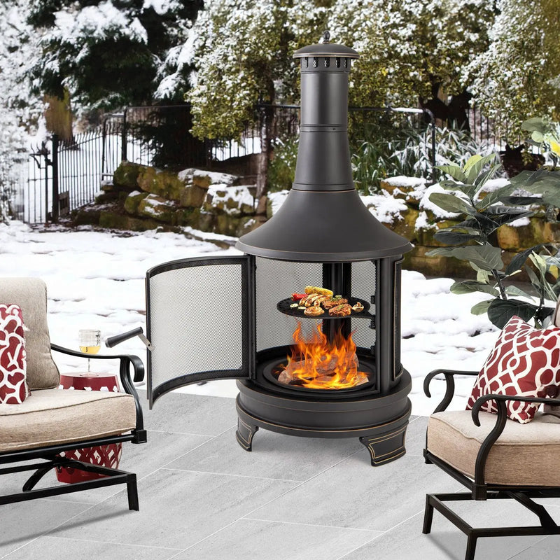30 Inch Outdoor Fire Pit Chininea with Grill for Garden Backyard BBQ Bonfire Deck and Patio by DirectDeals