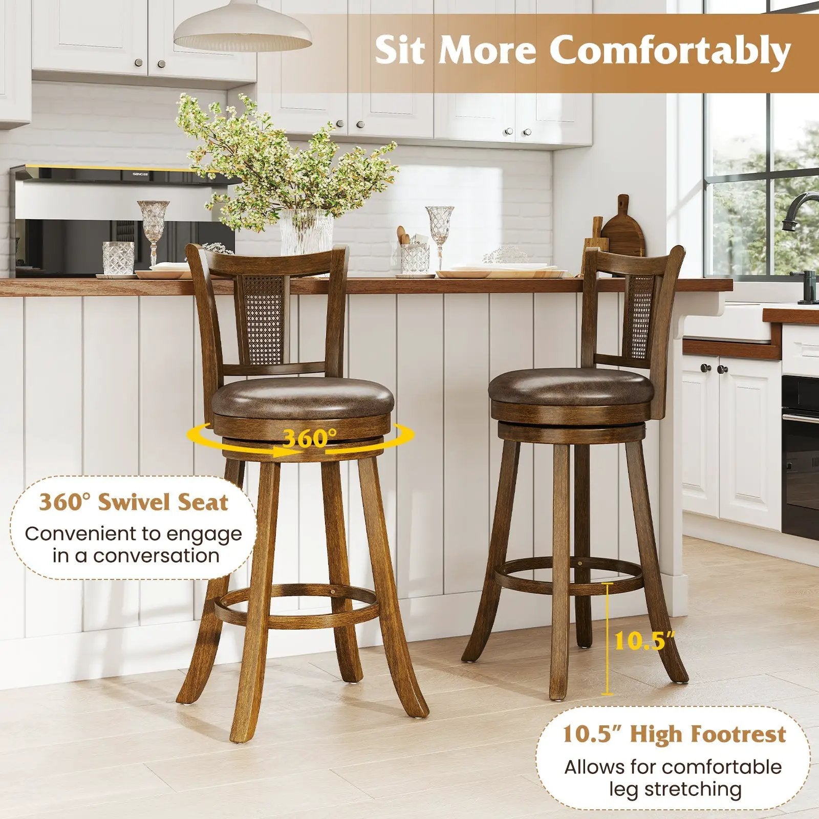 Swivel Bar Stools Set of 2 with Rattan Backrest - Brown by DirectDeals