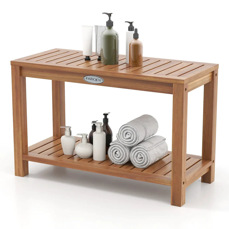 30 Inch Teak Wood Shower Bench Inside Shower Stool with Storage Shelf by DirectDeals