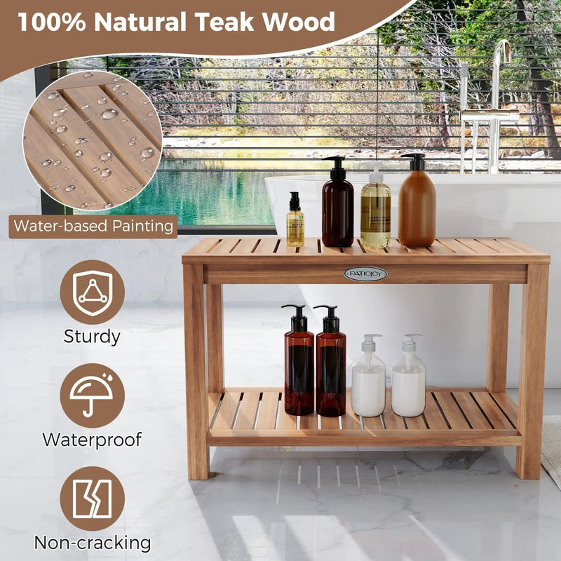 30 Inch Teak Wood Shower Bench Inside Shower Stool with Storage Shelf by DirectDeals