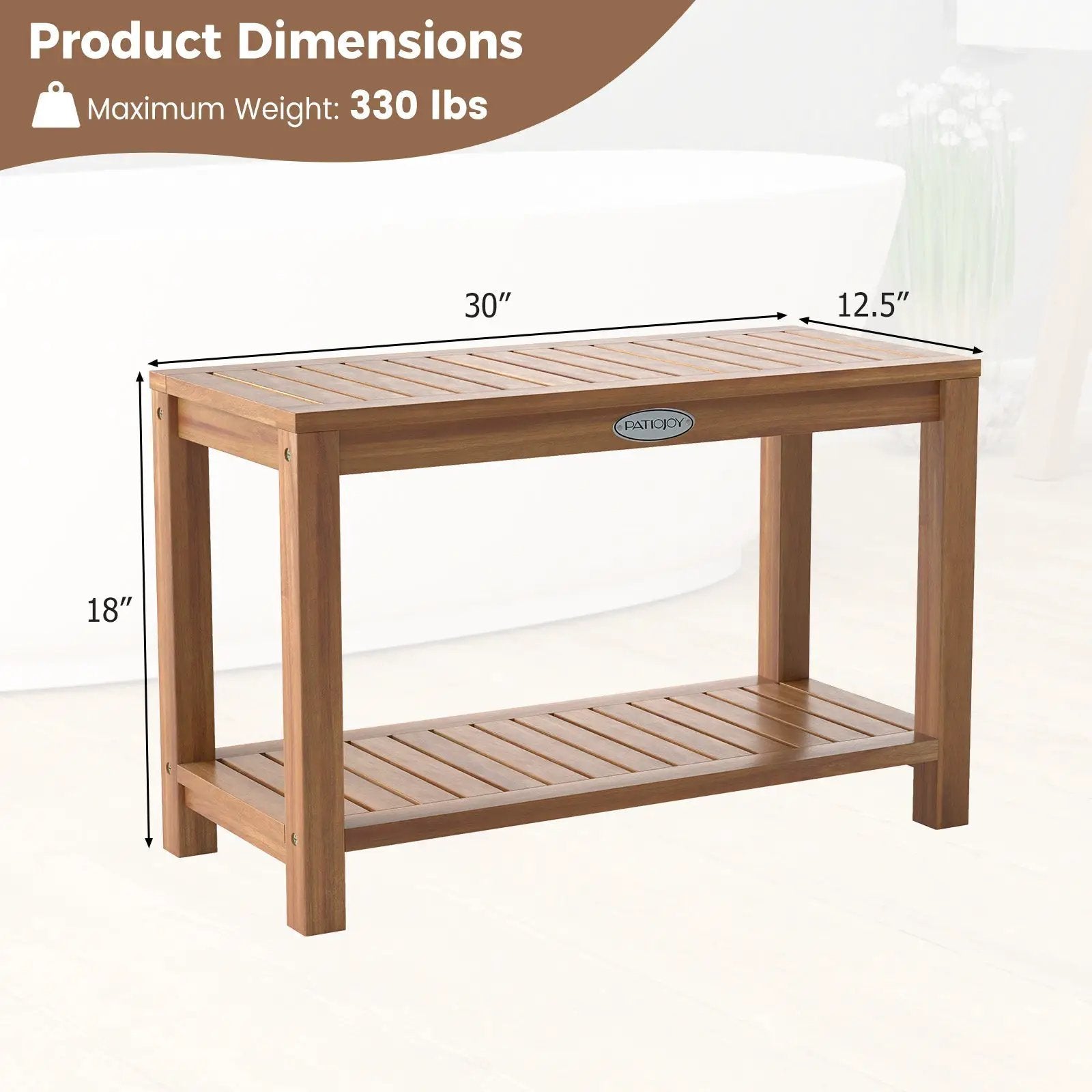 30 Inch Teak Wood Shower Bench Inside Shower Stool with Storage Shelf by DirectDeals
