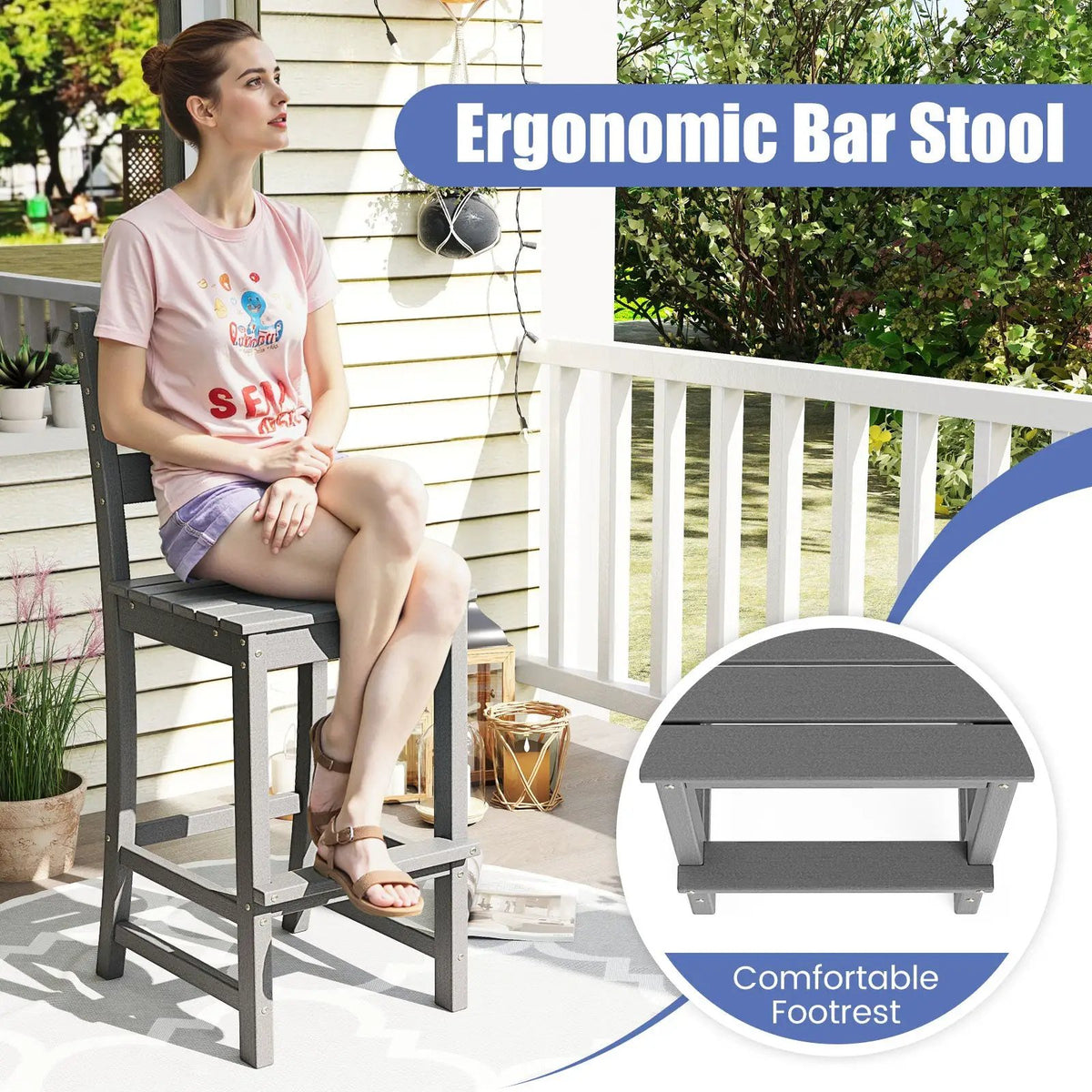 30 Inches Counter Height HDPE Bar Stool with Backrest and Footrest by DirectDeals