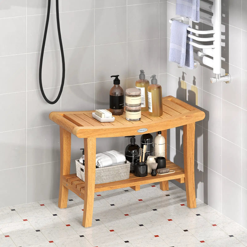 30 Inches Large Teak Shower Stool with Storage Shelf and Non-slip Footpads by DirectDeals