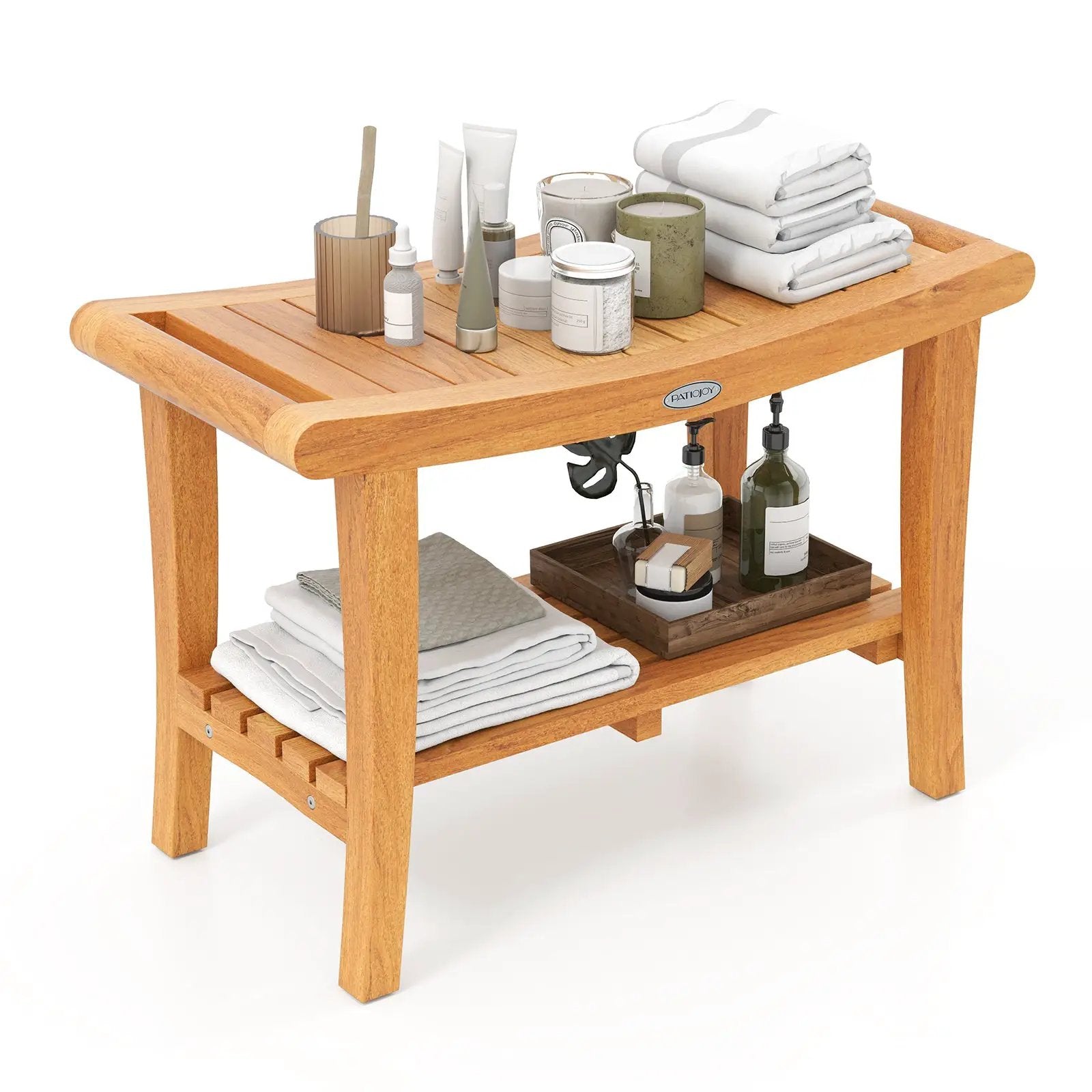 30 Inches Large Teak Shower Stool with Storage Shelf and Non-slip Footpads by DirectDeals
