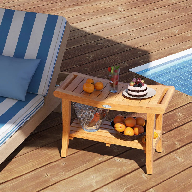 30 Inches Large Teak Shower Stool with Storage Shelf and Non-slip Footpads by DirectDeals