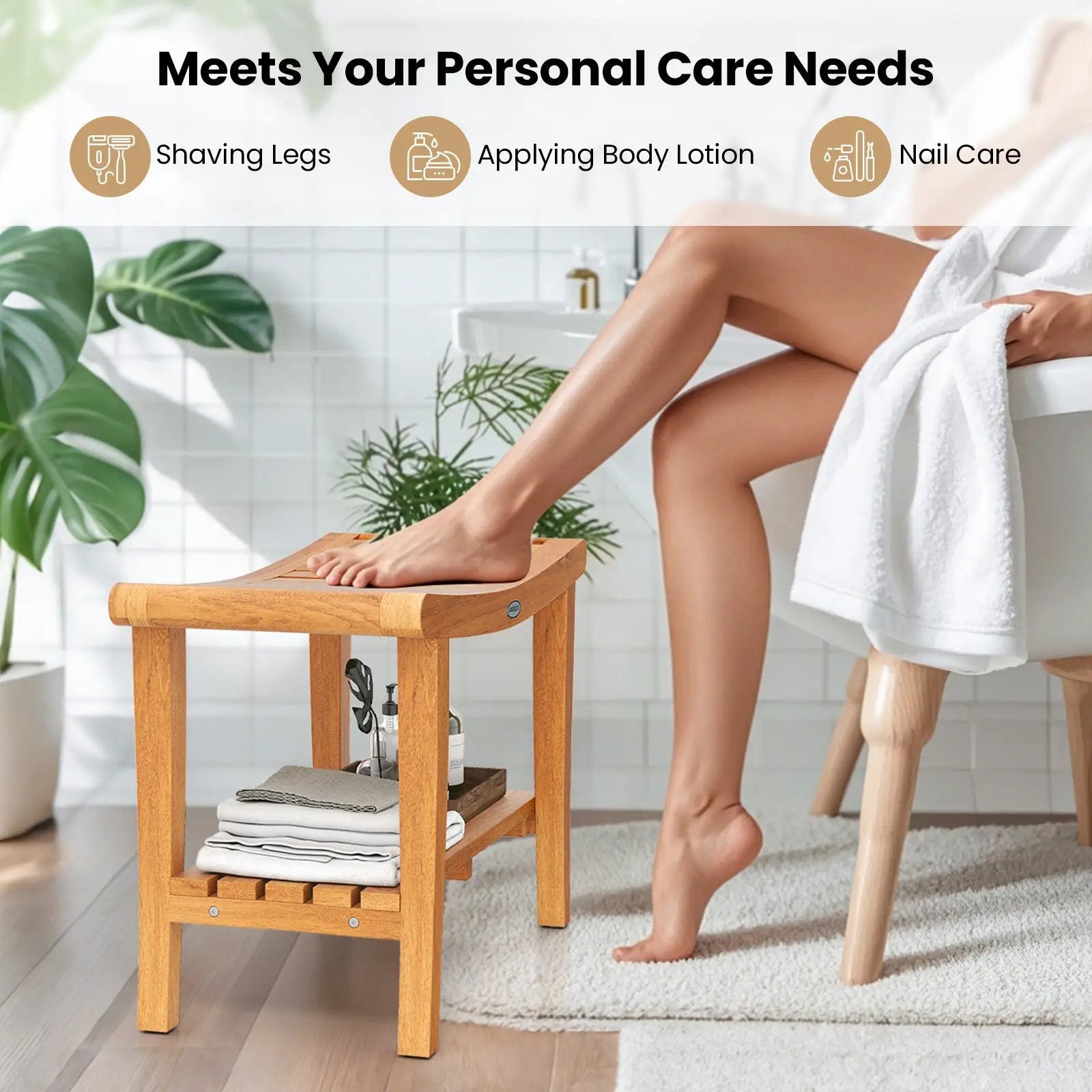 30 Inches Large Teak Shower Stool with Storage Shelf and Non-slip Footpads by DirectDeals