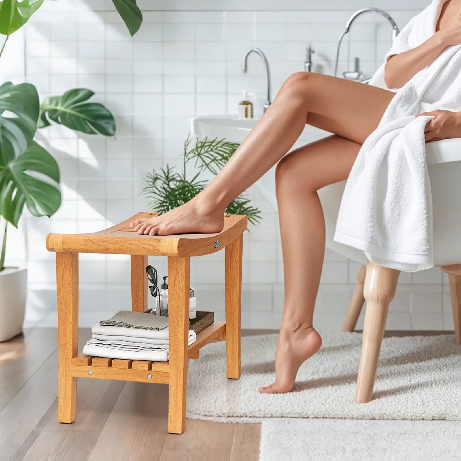 30 Inches Large Teak Shower Stool with Storage Shelf and Non-slip Footpads by DirectDeals