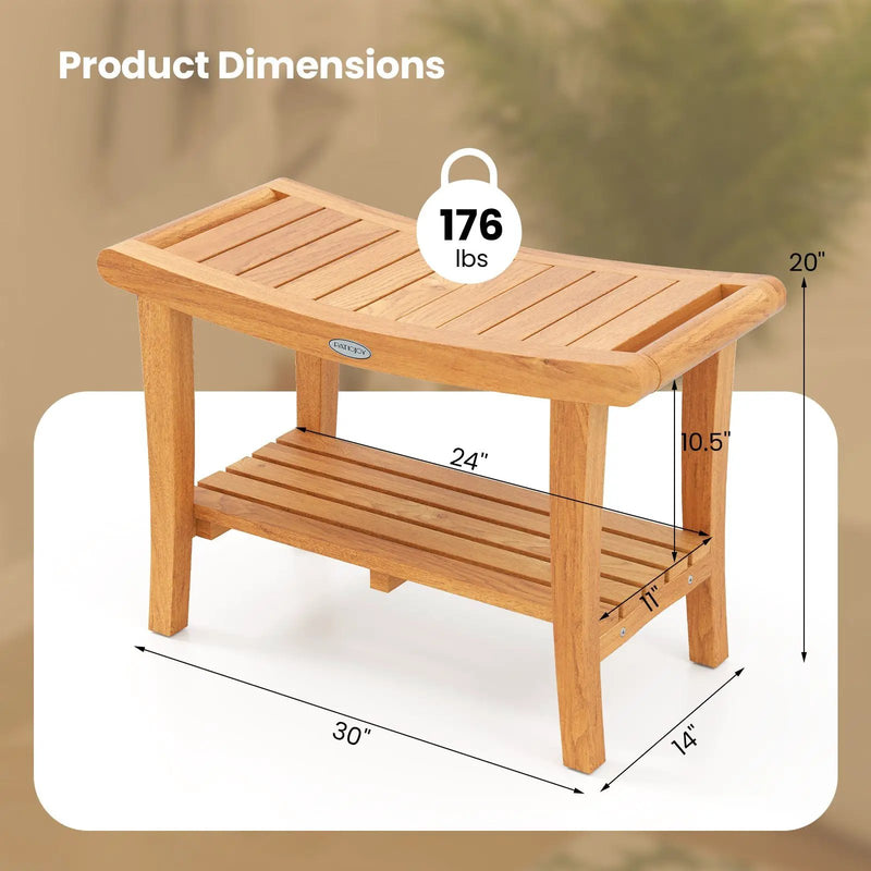 30 Inches Large Teak Shower Stool with Storage Shelf and Non-slip Footpads by DirectDeals
