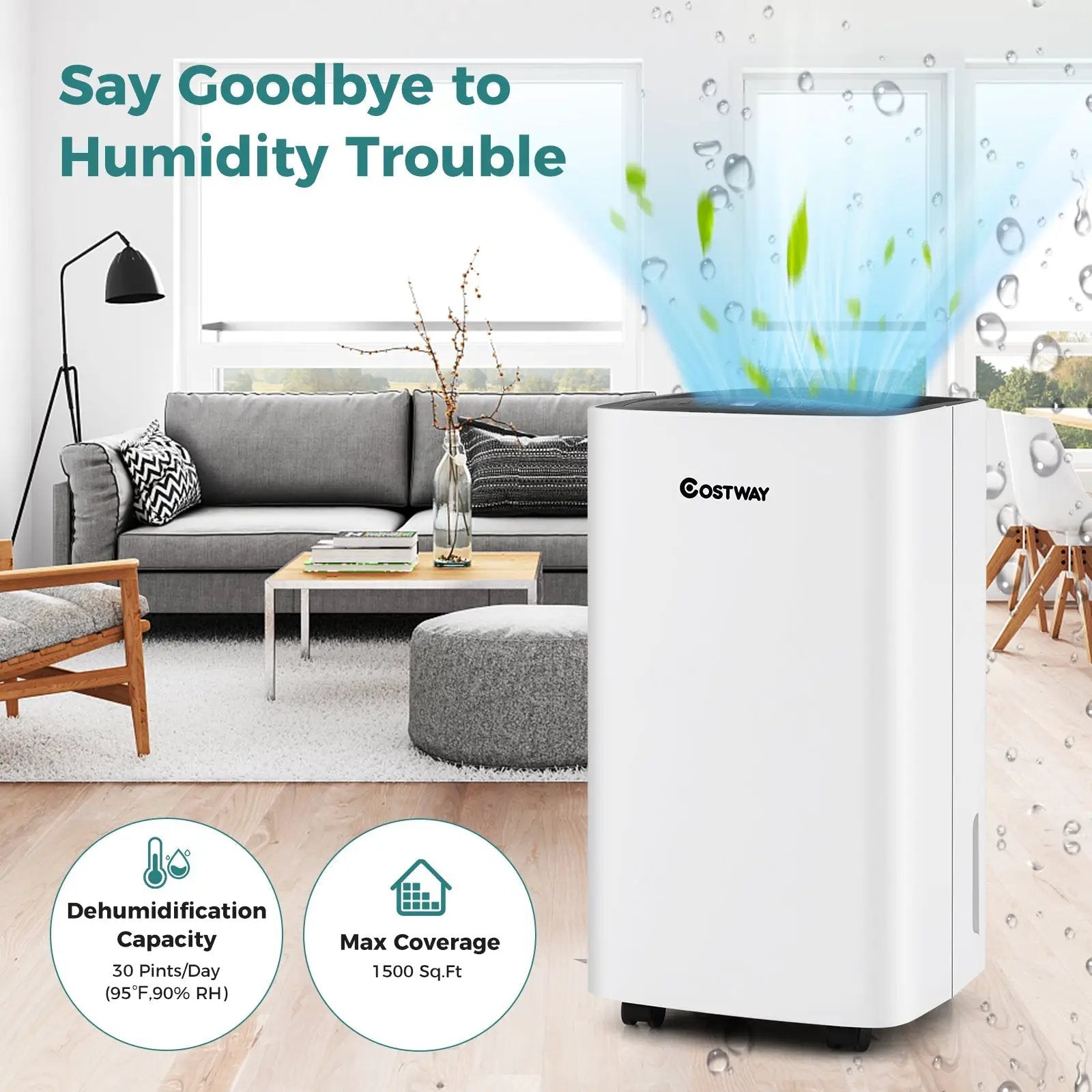 30 Pints 1500 Sq. ft Portable Dehumidifier For Medium To Large Spaces by DirectDeals