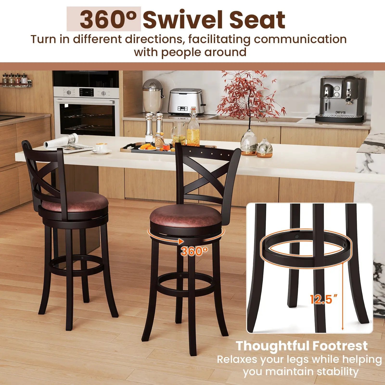 26/30 Inch Swivel Bar Stools Set of 2 Bar Chairs with Padded Seat by DirectDeals