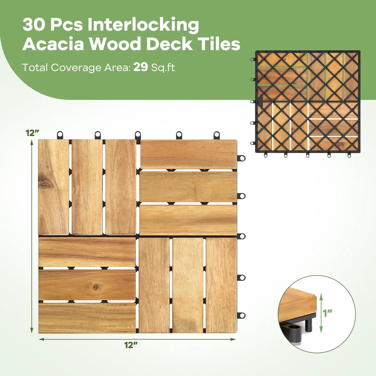 Pack of 30 Acacia Wood Interlocking Deck Tiles-Brown by DirectDeals