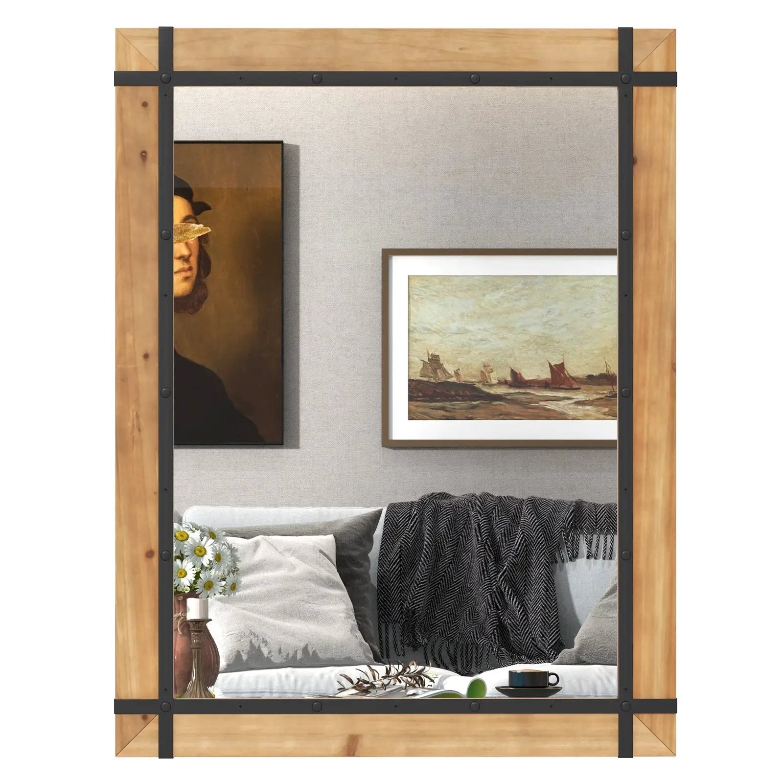 30 x 40 Inch Wall Mounted Mirror with Fir Wood Frame-Natural by DirectDeals