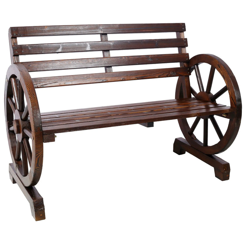 Rustic Country 2 Person Wooden Wagon Wheel Bench With Slatted Seat And Backrest - Brown by Unique Piece Furniture