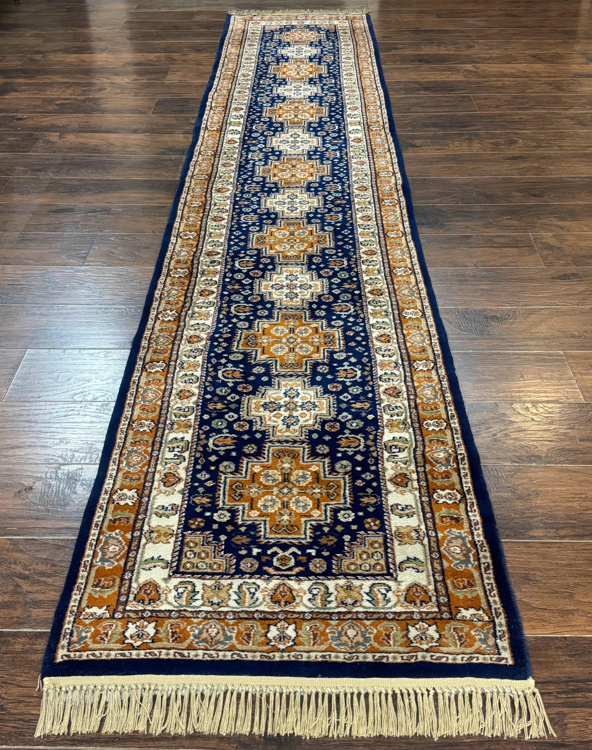 Indo Persian Runner Rug 2.6 x 12.7, Indian Kashmiri Runner for Hallway or Kitchen, Navy Blue, Geometric Medallions, Handmade Wool by Jewel Rugs