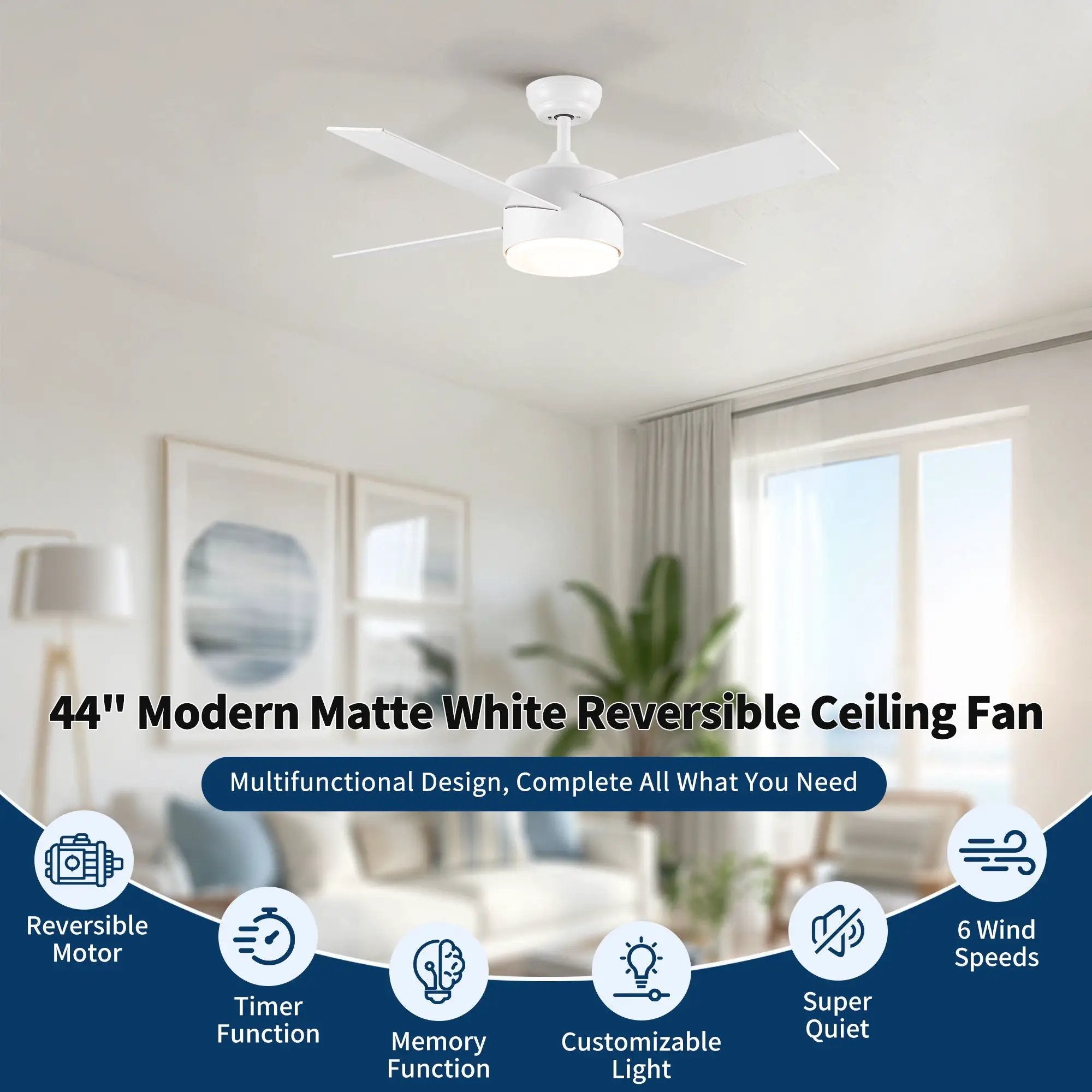 Ceiling Fan With Remote Control, Reversible DC Motor, 6 Speeds, 3 Dimmable LED, Quiet Timer For Indoor - White by HouseOfZazla