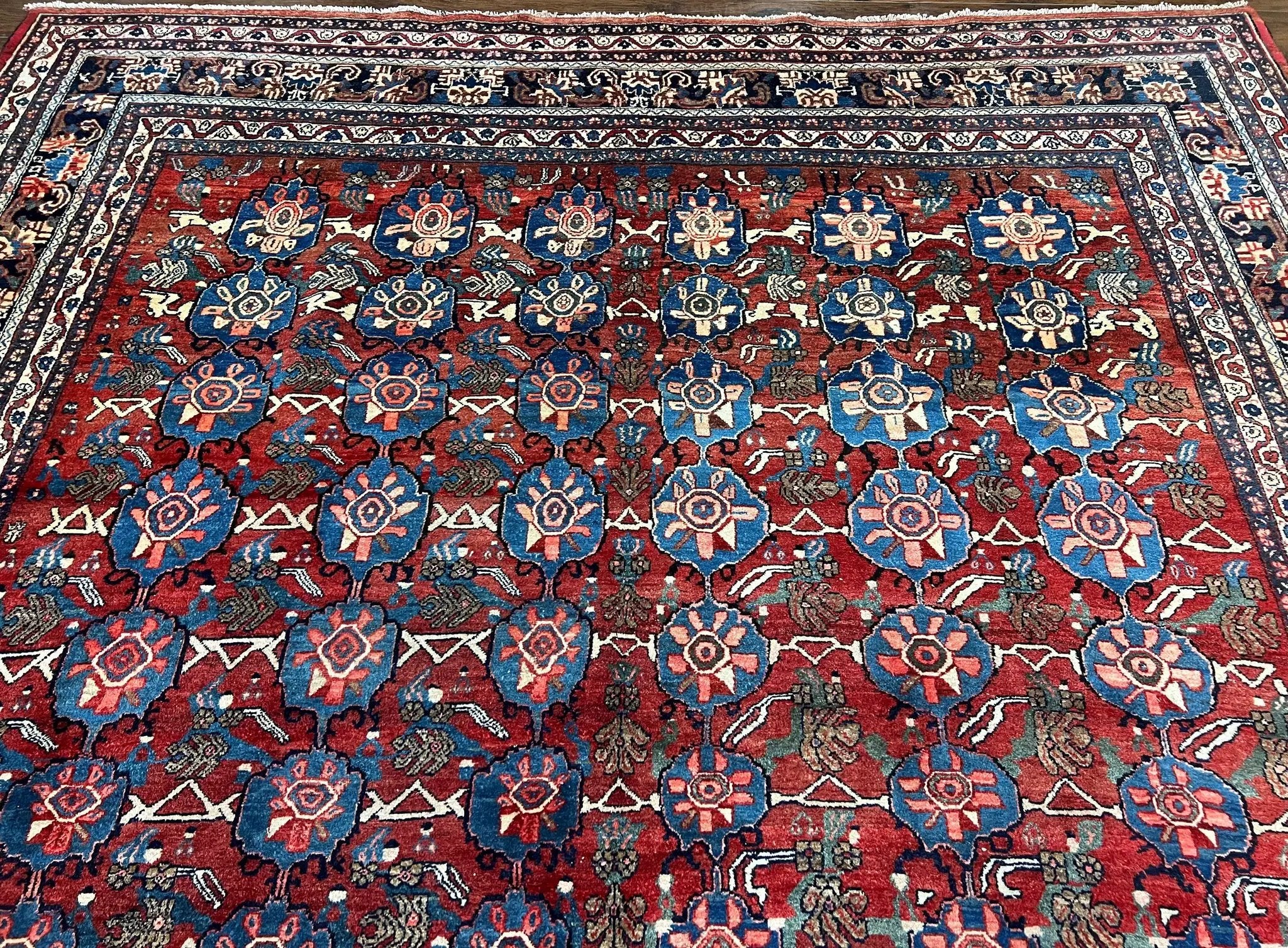 Antique Persian Bijar Rug 9x12 - Allover Motif, Red & Blue by Jewel Rugs