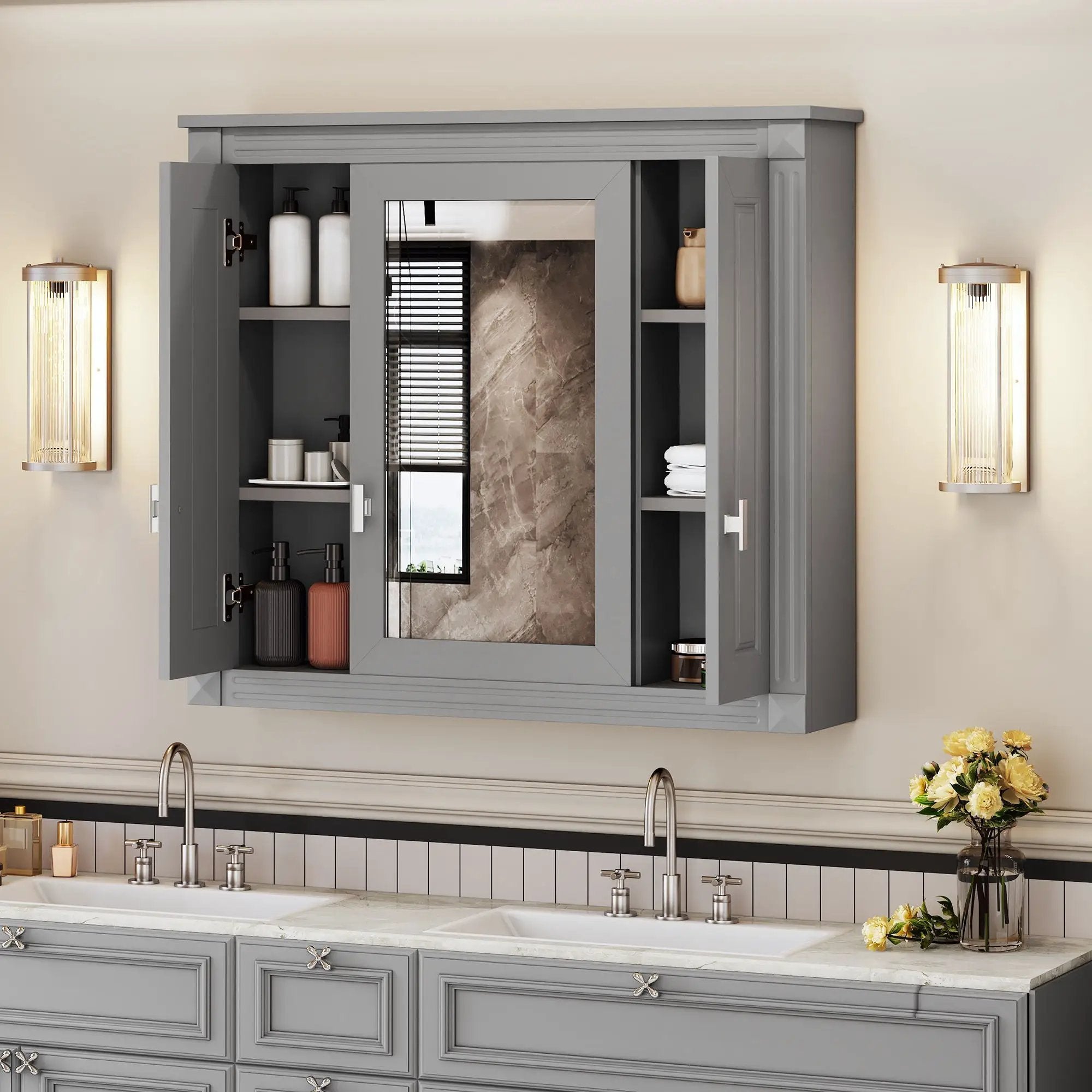 Wall Mounted Bathroom Cabinet With Mirror And 5 Shelves, Rectangular Design by Unique Piece Furniture