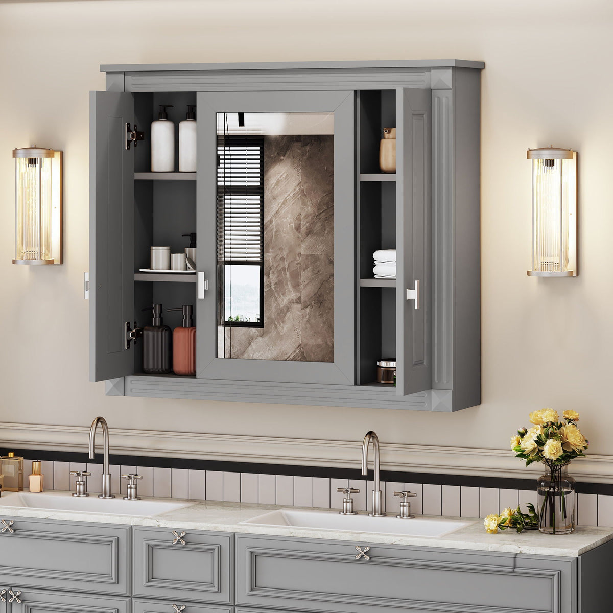 Wall Mounted Bathroom Cabinet with Mirror and 4 Shelves - Gray, photo 2 of 4