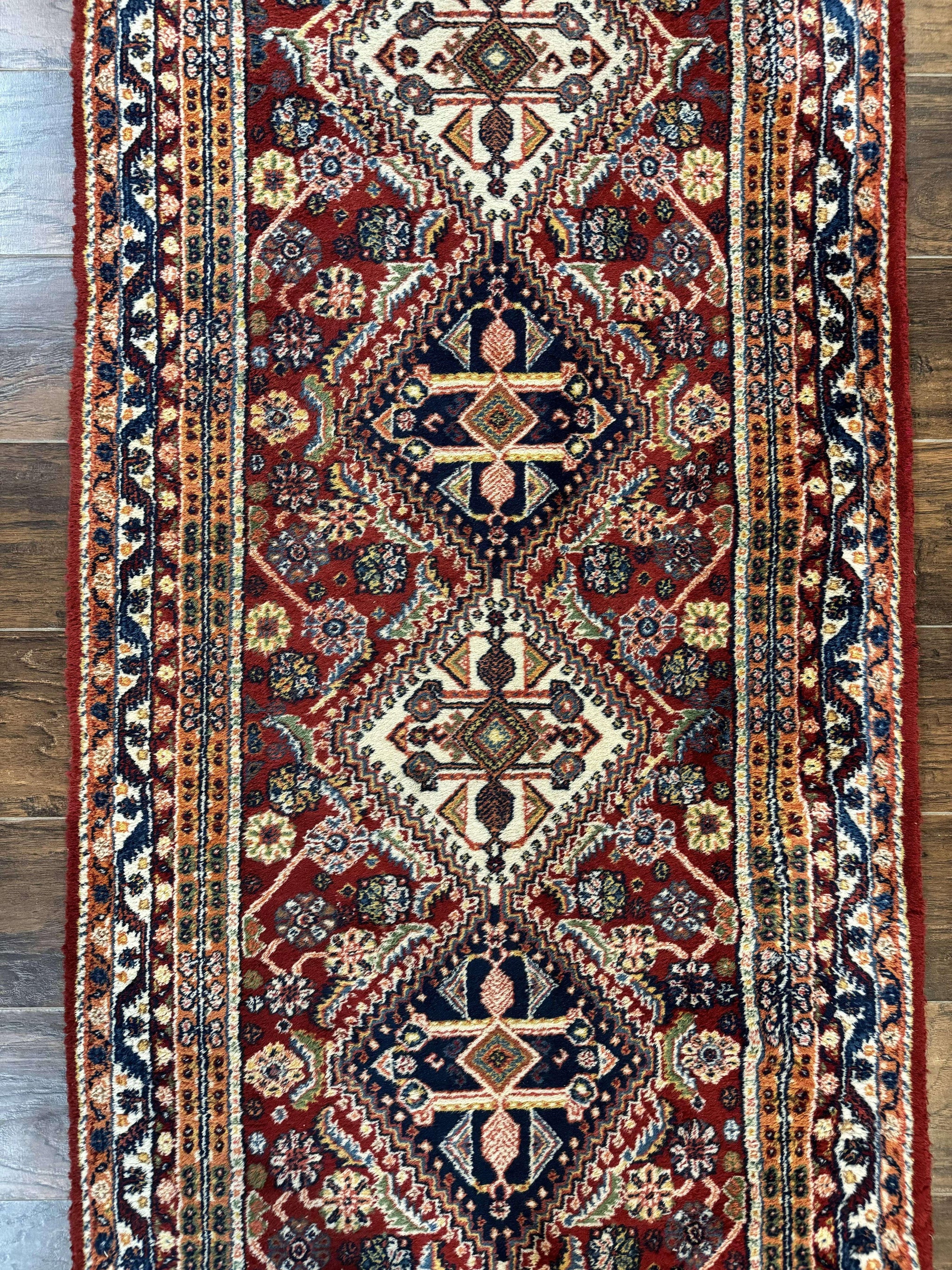 Antique Persian Qashqai Runner Rug 3 x 13 ft, Tribal Runner, Geometric Medallions, Red Ivory Blue, Wool by Jewel Rugs