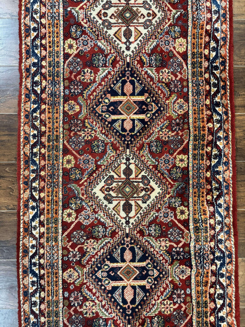 Antique Persian Qashqai Runner Rug 3 x 13 ft, Tribal Runner, Geometric Medallions, Red Ivory Blue, Wool by Jewel Rugs