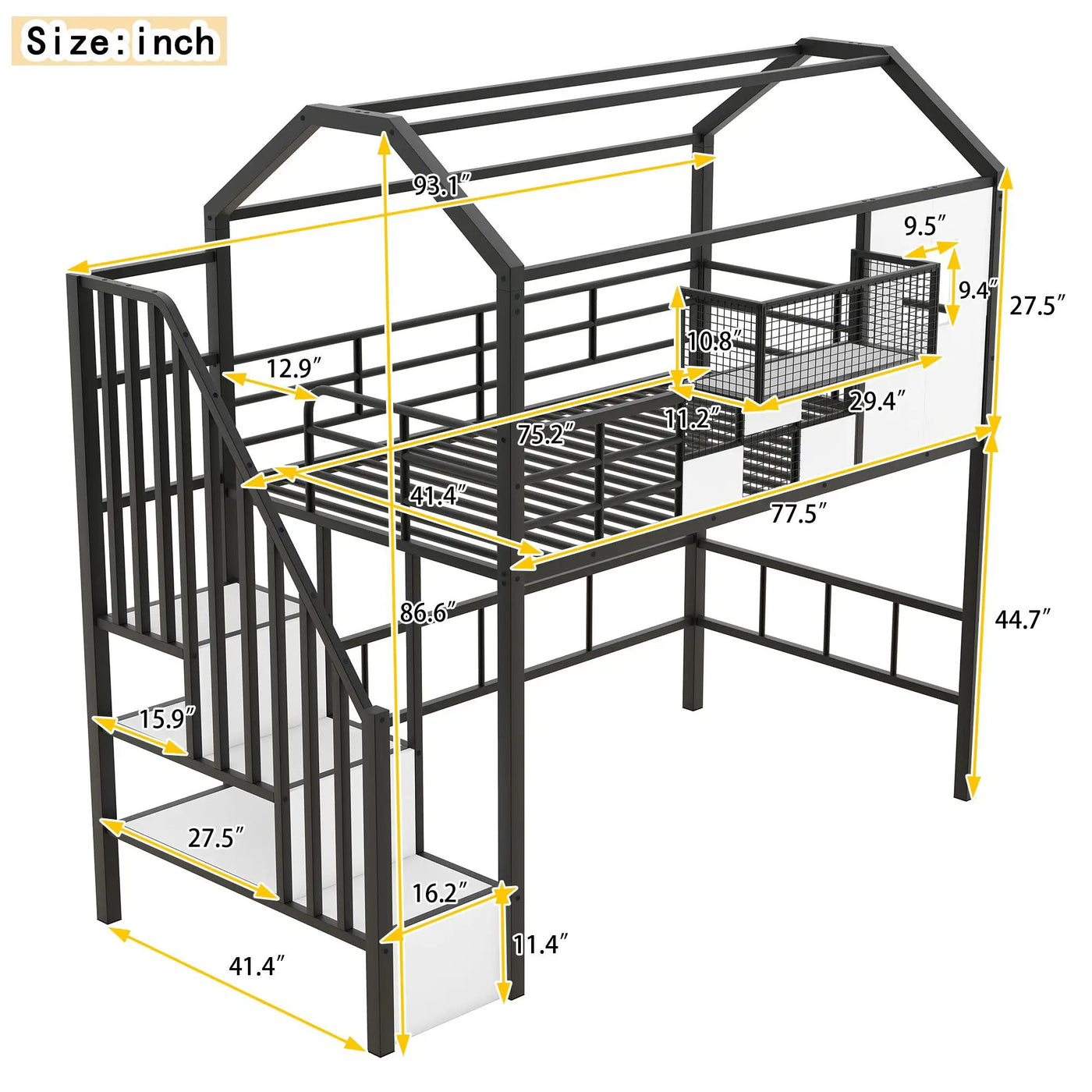 Metal Loft Bed With Roof Design And Storage Box With Guardrails And Integrated Ladder by HouseOfZazla