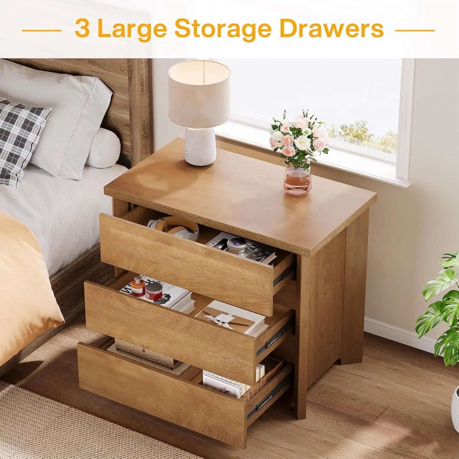 Nightstand With 3 Drawers, Bedside Table, Compact Storage - Brown by HouseOfZazla