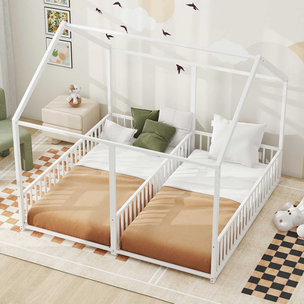 Metal Twin Size House Platform Beds 2 Shared Beds - Antique White, photo 2 of 7
