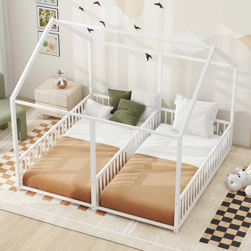 Metal Twin Size House Platform Beds 2 Shared Beds - Antique White by Unique Piece Furniture