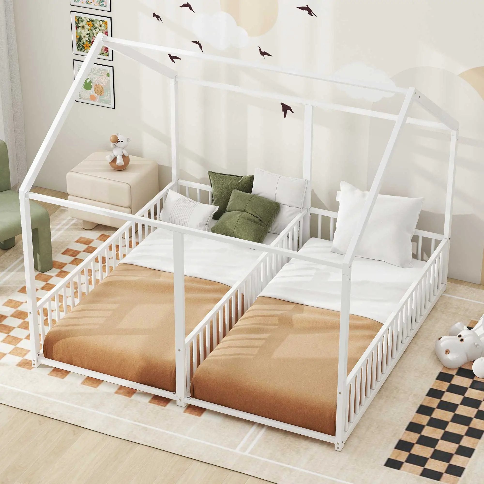 Metal Twin Size House Platform Beds 2 Shared Beds - Antique White by HouseOfZazla