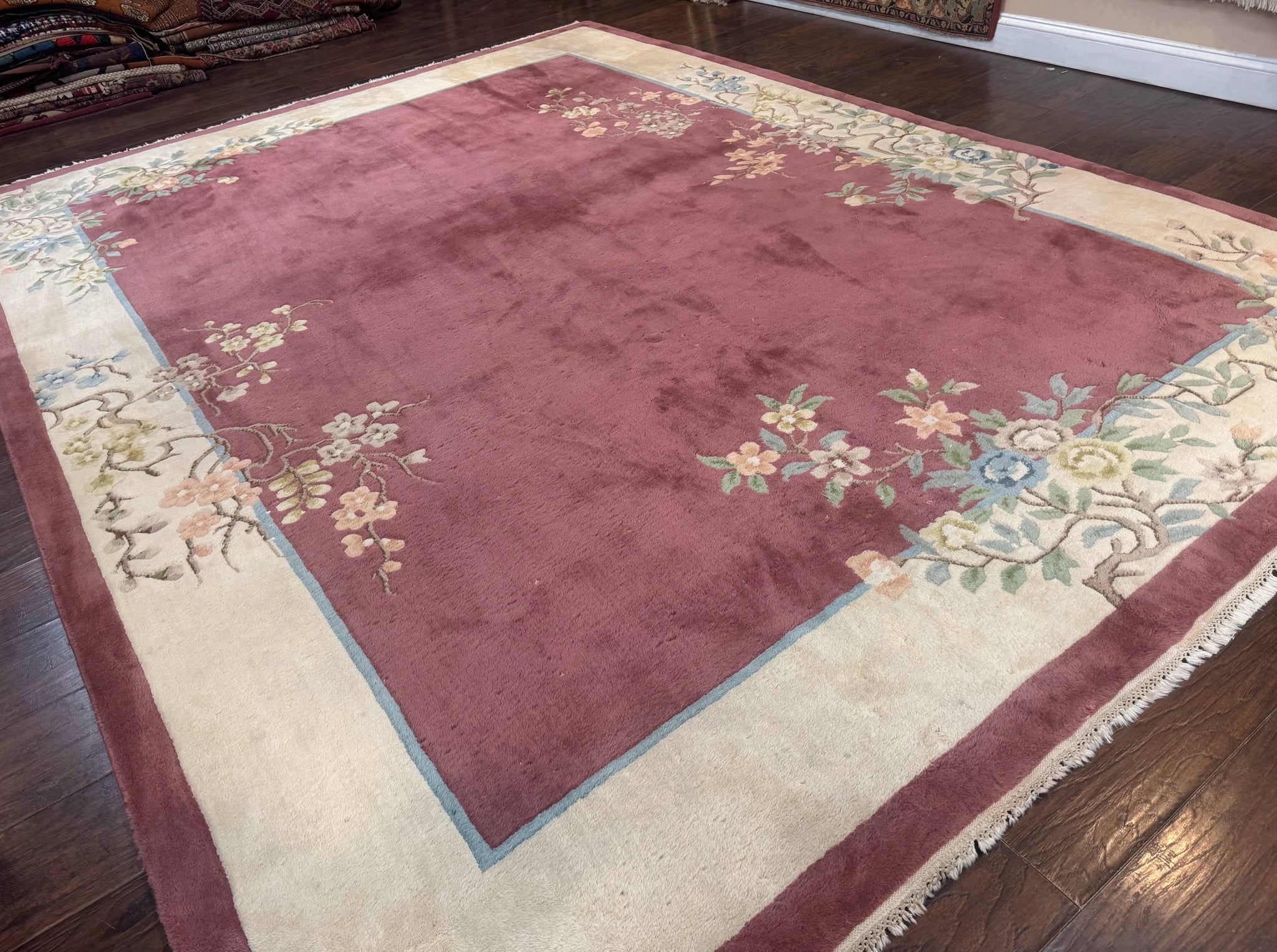 Indo Chinese Art Deco Rug 9x12, Pink and Ivory, Open Filed, Floral, Wool by Jewel Rugs