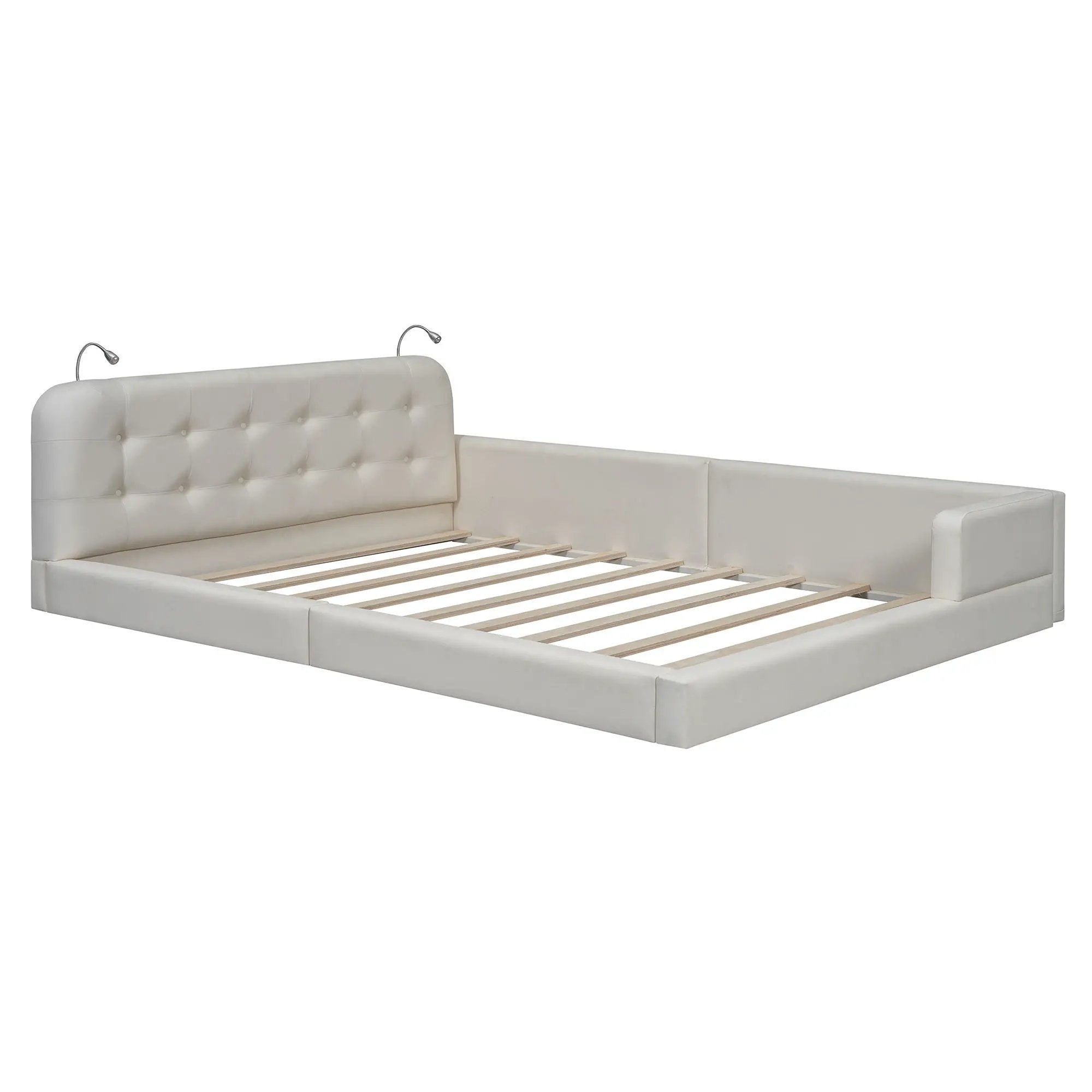 Queen Size Upholstered Platform Bed With 2 Reading Lights - White by HouseOfZazla