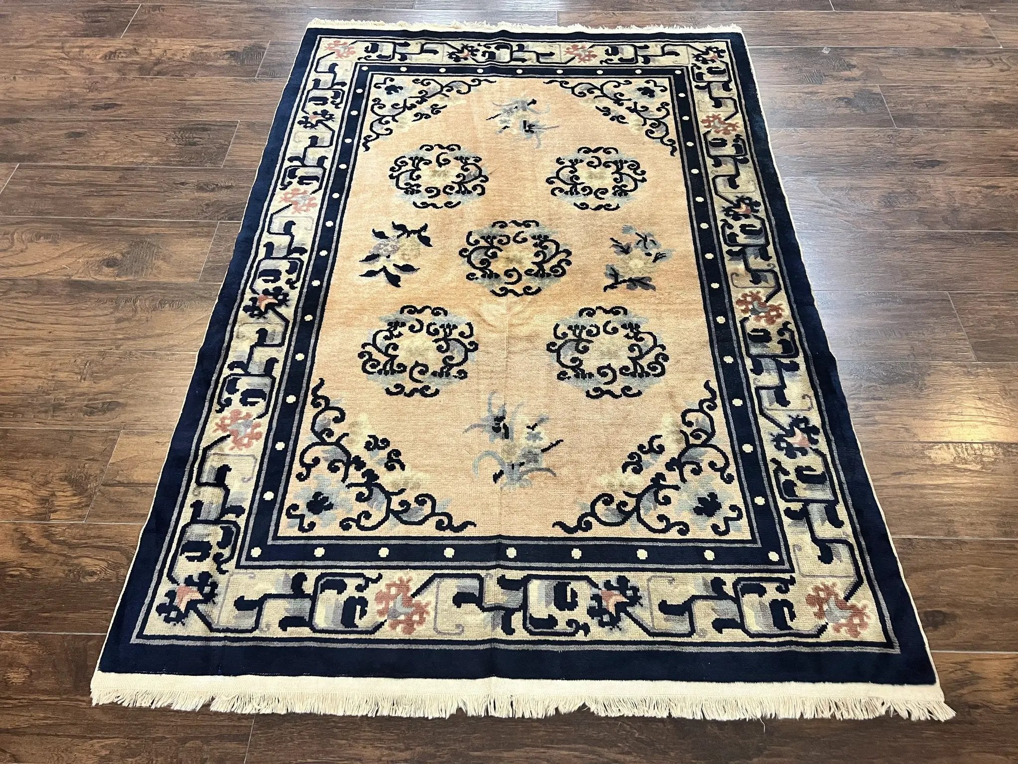 Chinese Peking Rug 4x6, Wool Hand Knotted Handmade Vintage Semi Antique Carpet, Semi Open Field, Light Peach & Navy Blue, Art Deco Rug by Jewel Rugs