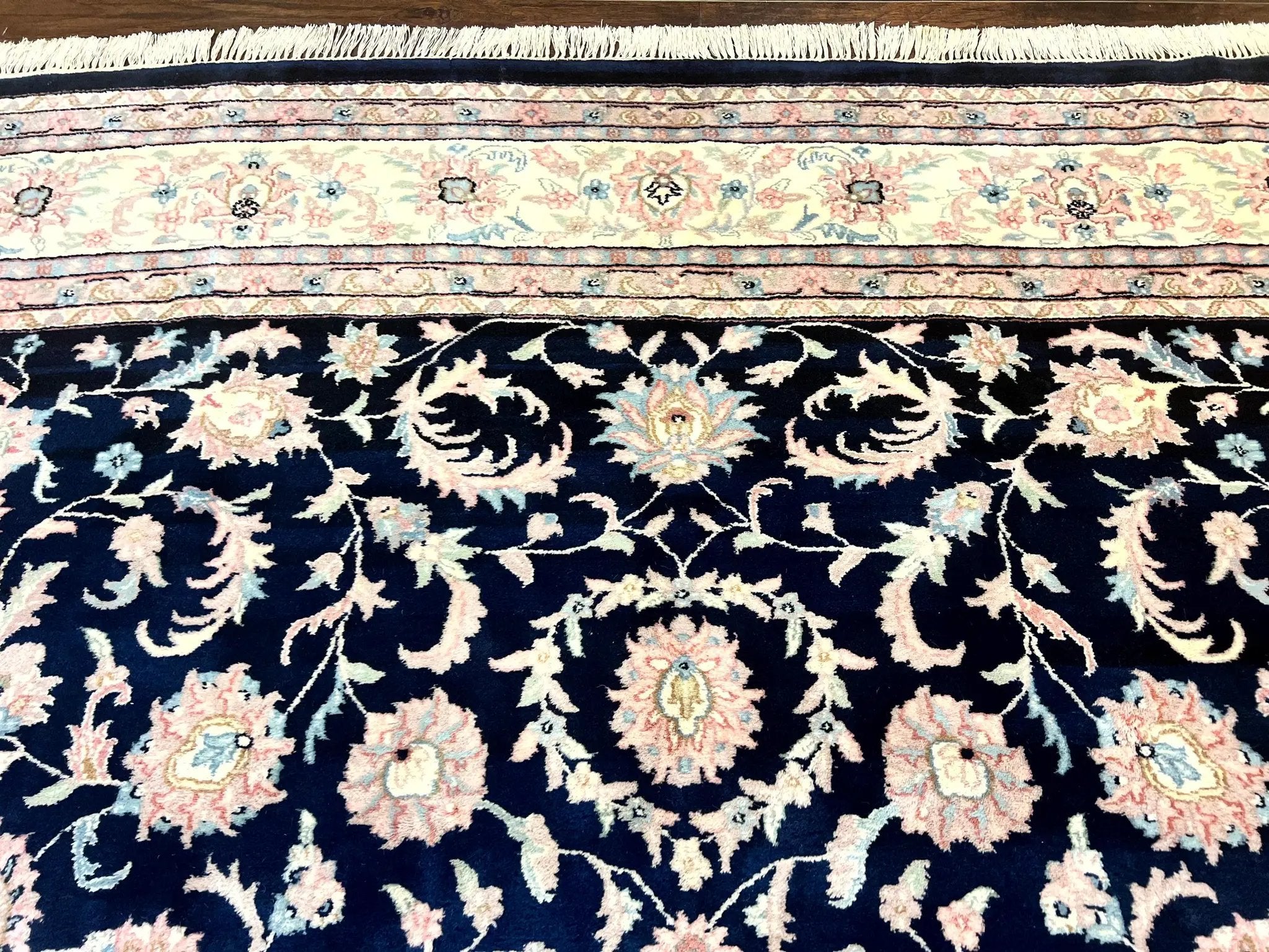 Indo Persian Rug 9x12, Navy Blue and Ivory/Cream, Floral Allover, Wool Vintage Handmade Carpet by Jewel Rugs