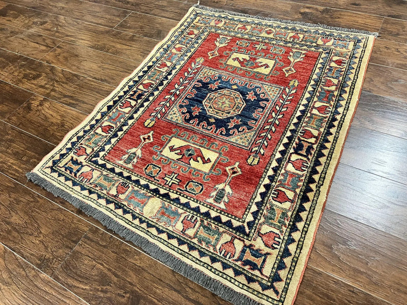 Turkish Kazak Rug 3x4, Wool Hand Knotted Small Vintage Carpet, Red Navy Blue, 3 x 4 Oriental Rug, Geometric Design by Jewel Rugs