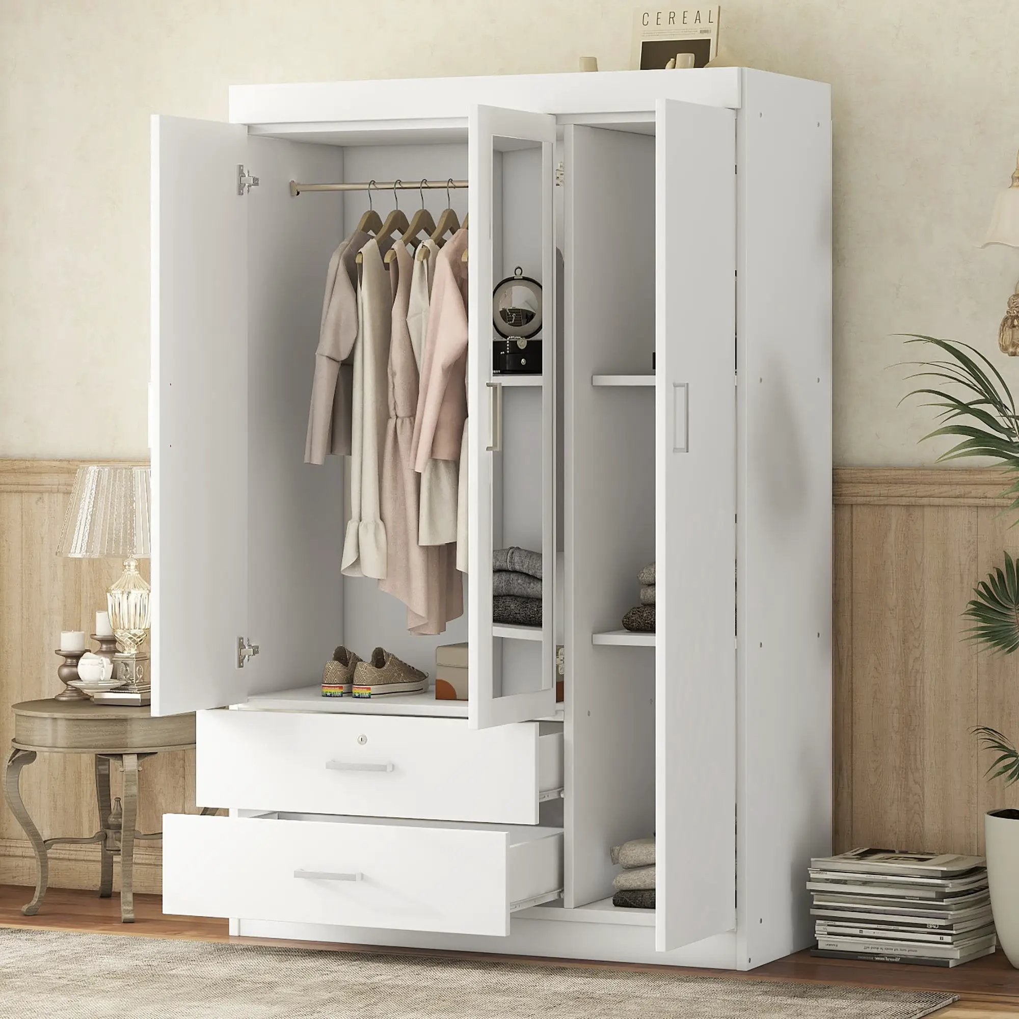 3-Door Mirror Wardrobe with Shelves, White by HouseOfZazla