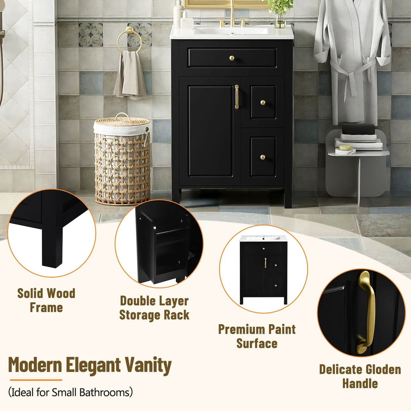 Elegant Bathroom Vanity With Ceramic Sink, Soft Close Doors And Drawers, Double Storage Racks by HouseOfZazla