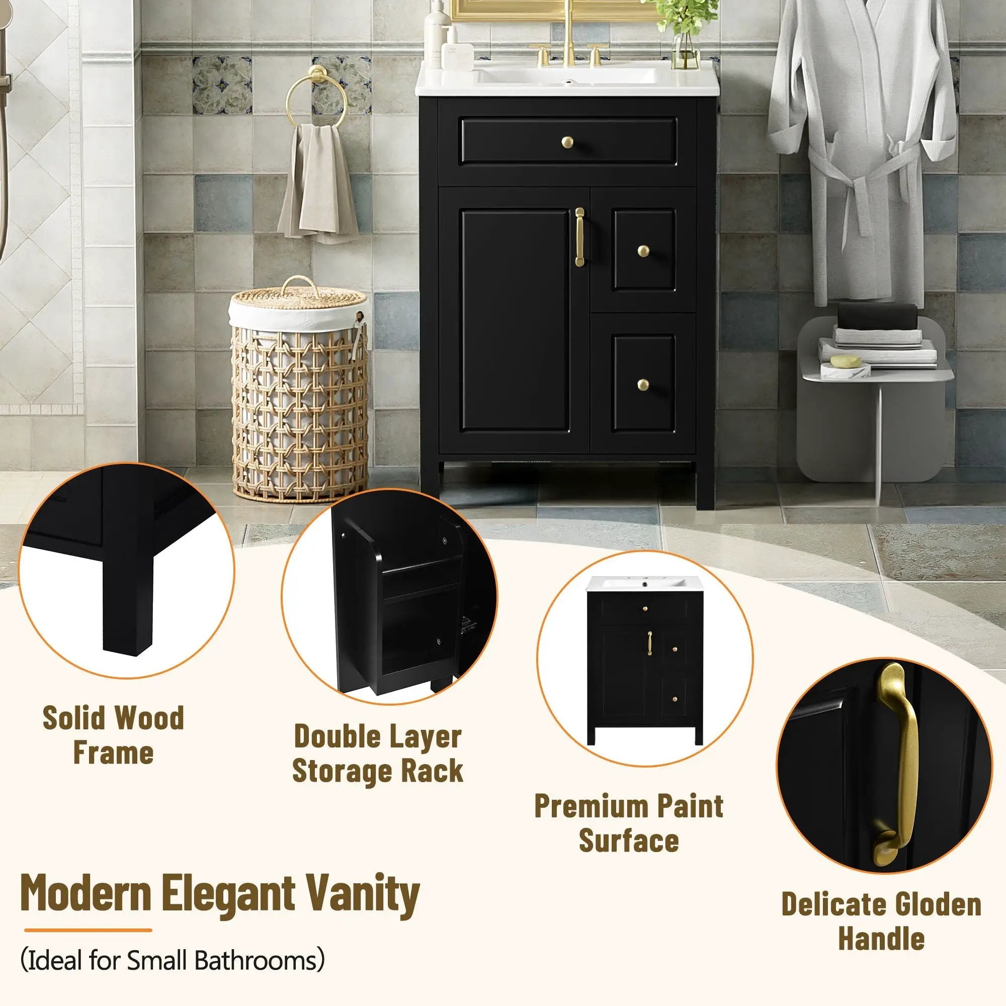 Elegant Bathroom Vanity With Ceramic Sink, Soft Close Doors And Drawers, Double Storage Racks by Unique Piece Furniture