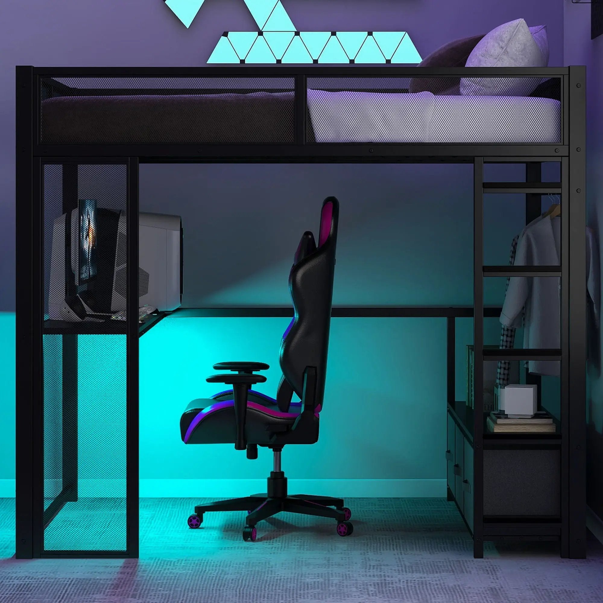 Full Size Gaming Loft Bed With LED Desk, Open Wardrobe, 3 Linen Storage Drawers - Black by Unique Piece Furniture