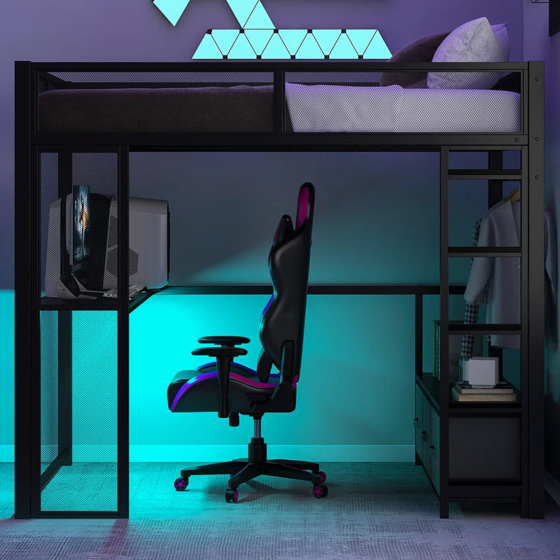 Full Size Gaming Loft Bed With LED Desk, Open Wardrobe, 3 Linen Storage Drawers - Black by Unique Piece Furniture