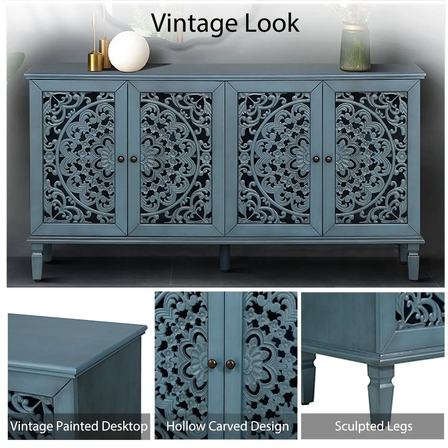 60" Antique Buffet Cabinet with Floral Carvings and Adjustable Shelves by HouseOfZazla