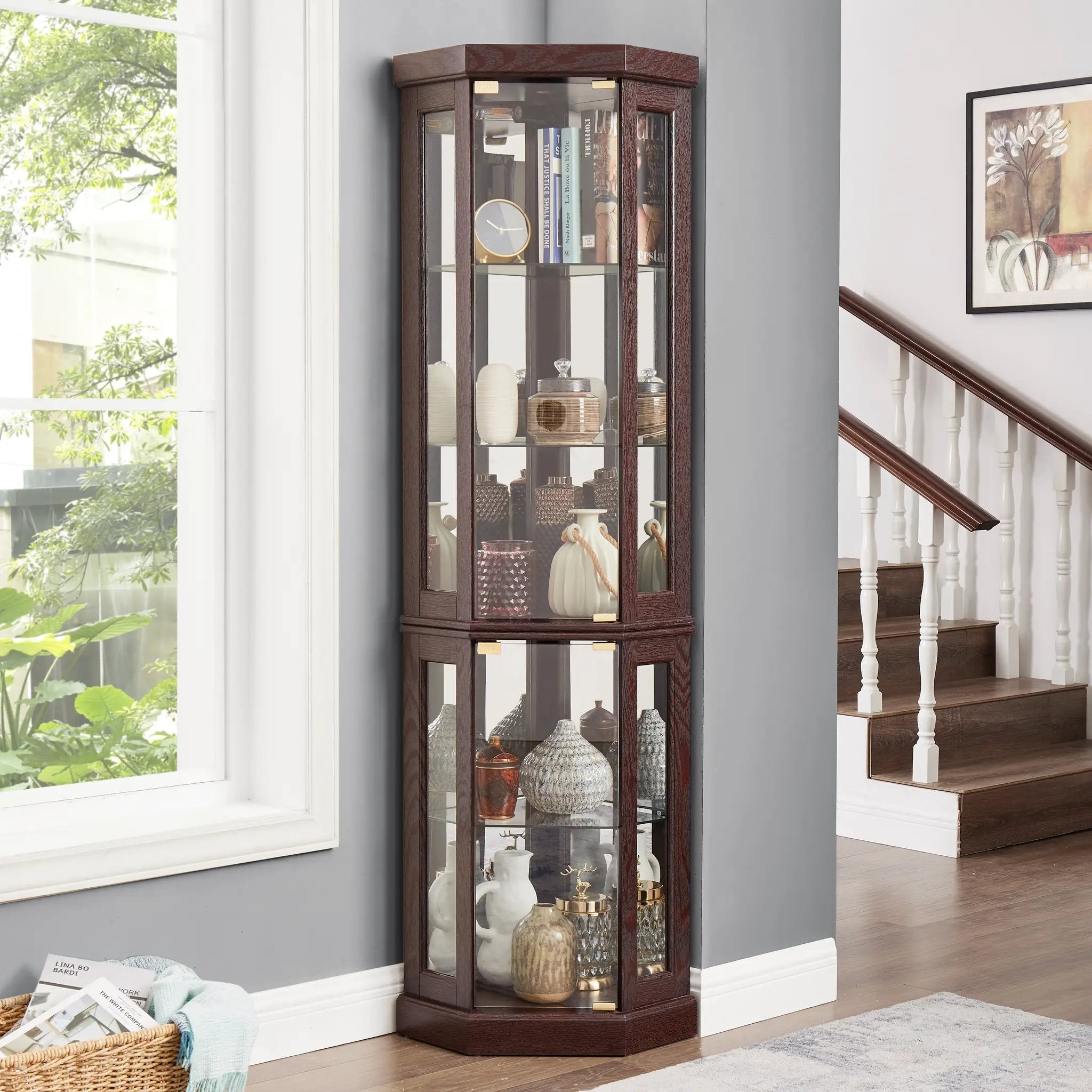 Corner Glass Cabinet Lighted Curio Cabinet in Dark Cherry by HouseOfZazla