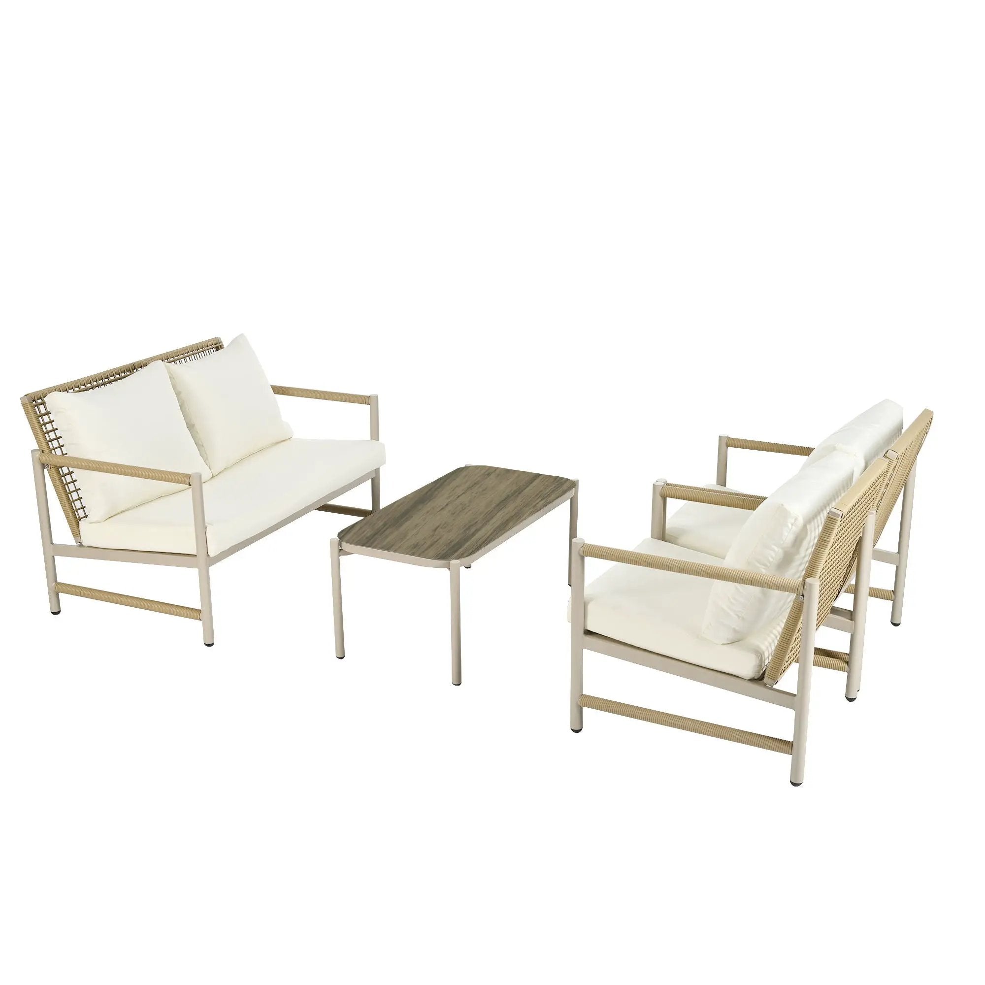 4 Pieces Patio Furniture Set, PE Rattan Wicker With Washable Cushion And Tempered Glass Tabletop, Conversation Furniture For Garden Poolside Balcony by HouseOfZazla