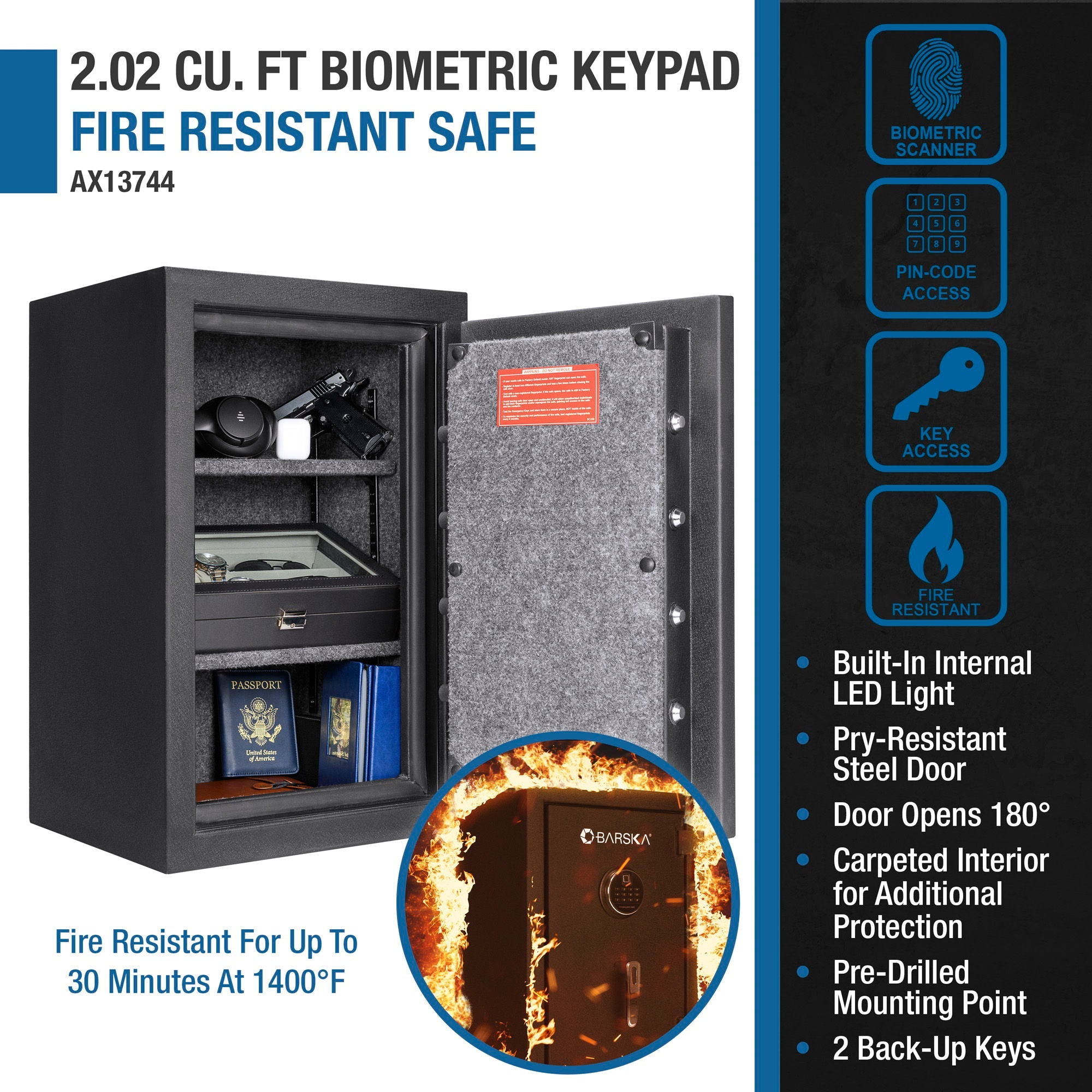 2.02 Cubic Ft Biometric Keypad Fire Resistant Safe - Black by HouseOfZazla