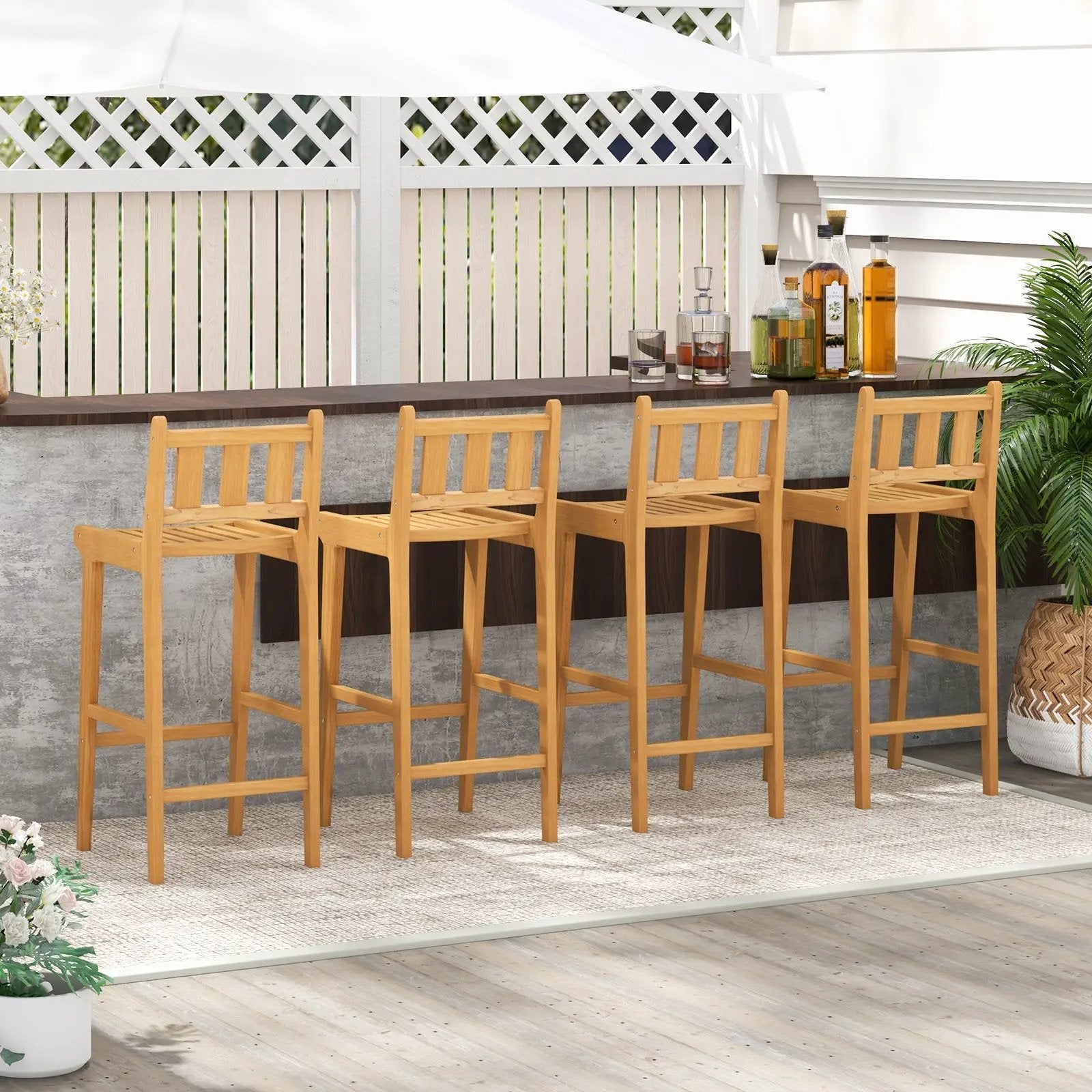 30 Inch Teak Wood Bar Chair with Footrest and Backrest for Deck Poolside Garden by DirectDeals