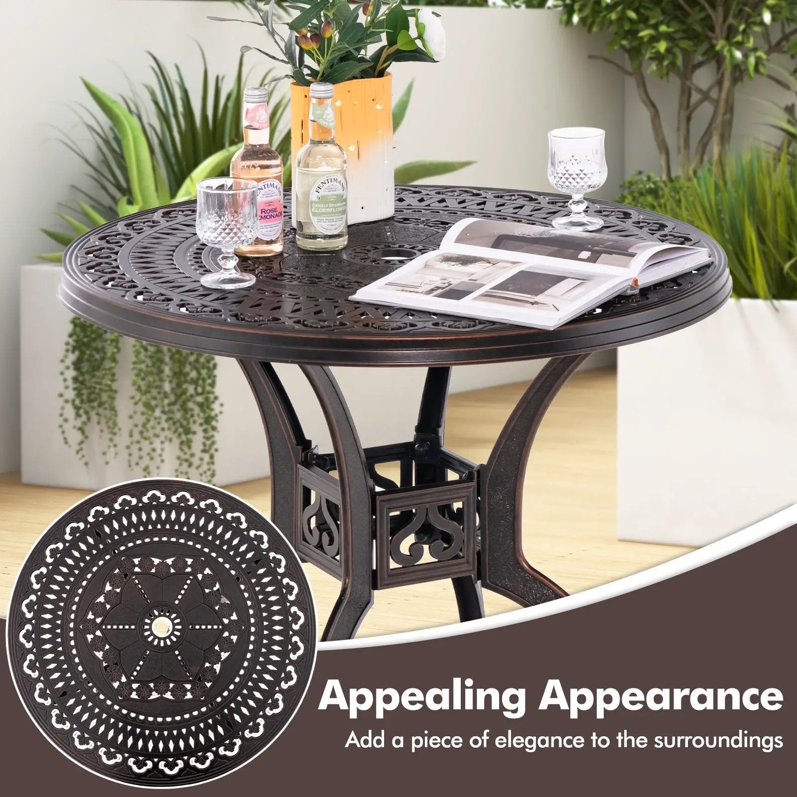 31.5 Inch Cast Aluminum Table Patio Round Dining Table with Umbrella Hole-Copper by DirectDeals